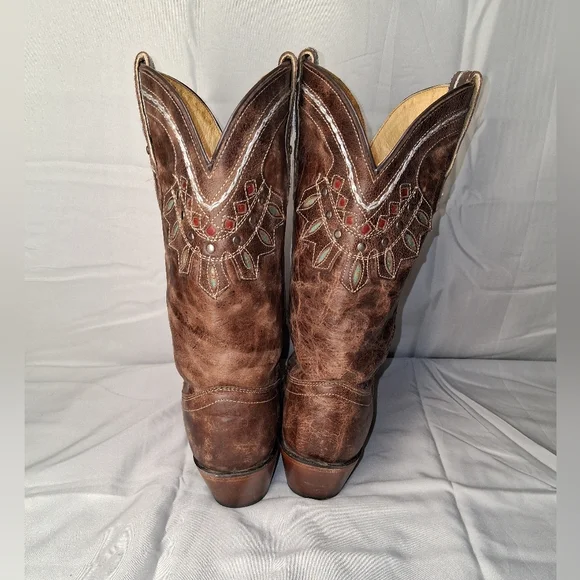 Tony Lama Brown Leather Western Heeled Boots with Turquoise & Red Accents - Picture 4 of 5